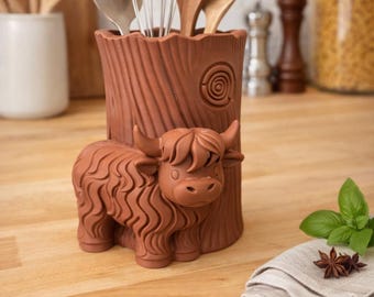 Soporte para utensilios con forma de vaca de las Tierras Altas, decoración de cocina rústica, jarrón de cerámica rústica, jarrón impreso en 3D de PLA.