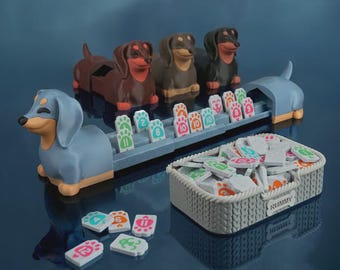 Juego de rummy con soportes para fichas con forma de perro salchicha y caseta de almacenamiento para perros (impreso en 3D)