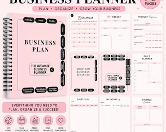 Pode incluir: Uma agenda de negócios com encadernação em espiral, capa rosa claro e texto preto que diz The Ultimate Business Planner. O conjunto inclui 93 páginas com vários modelos para calendários, horários semanais, desempenho de produtos e vendas.
