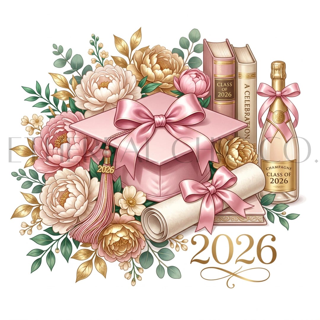 Pink Graduation Clipart PNG, Class of 2026 Floral Design, Coquette Grad ...