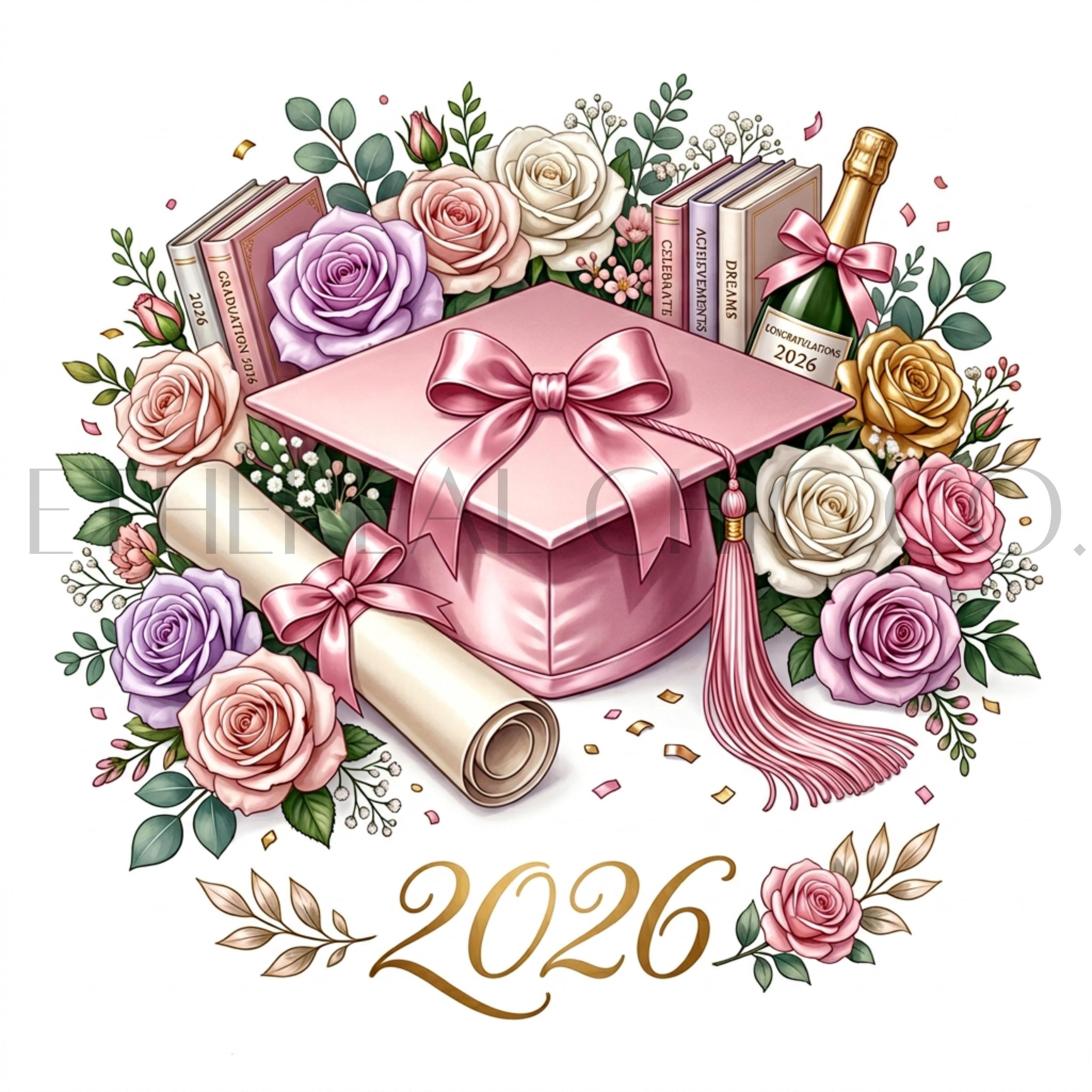 Class of 2026 Graduation Clipart, Pink Cap Floral Design, Coquette PNG ...