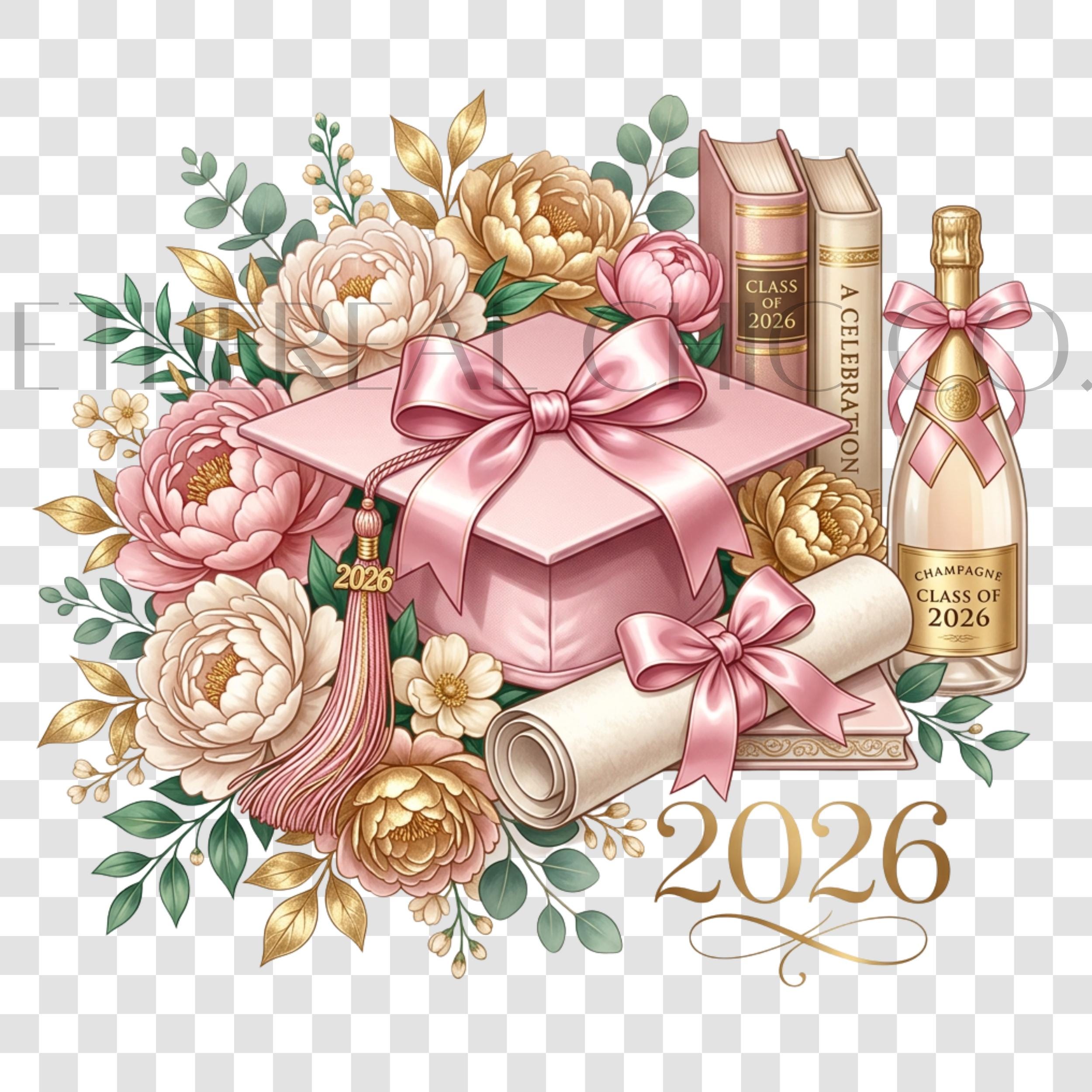 Pink Graduation Clipart PNG, Class of 2026 Floral Design, Coquette Grad ...