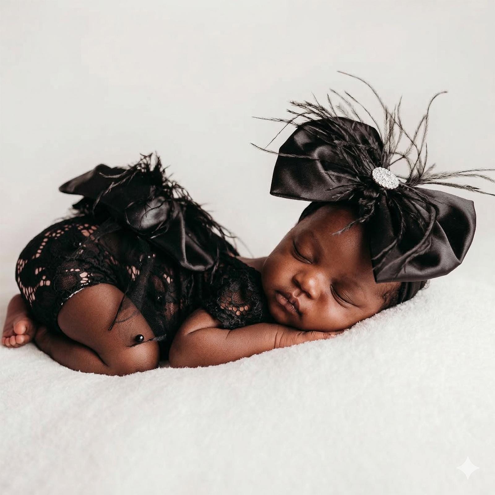 Vintage Newborn Photography Props Girls Outfit Feather Bow Lace Romper Newborn Dress Black