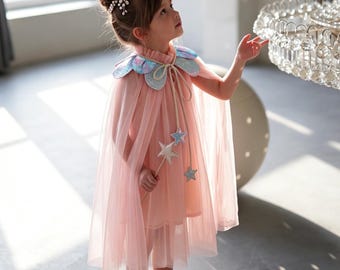 Capa de tul rosa de princesa hada para disfraz de fiesta de cumpleaños de niña, disfraz de sirena hada