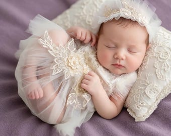 Accessori per foto di neonati: tutina in pizzo da bambina con fascia per capelli, completo per servizio fotografico per neonati, vestito per neonati