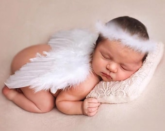 Conjunto de accesorios para fotografía de recién nacidos: alas de ángel, diadema con halo y alas de plumas.