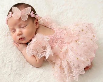Newborn Girls Photography Prop Outfit Butterfly Tulle Lace Romper with Headband Newborn Dress