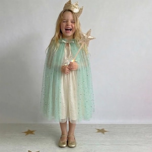 Sparkle Sequin Fairy Costume Girls Cloak Fairy Tulle Cape with Star Wand &  Crown Headband