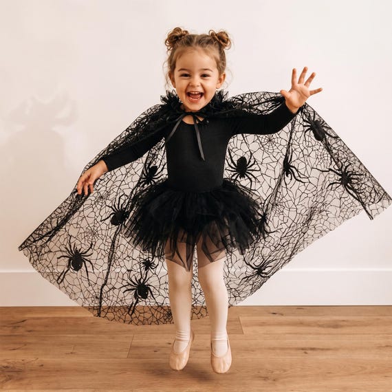 Spider Web Cape for Girls Black Halloween Witch Cape Gothic Lace Cloak Costume Accessory