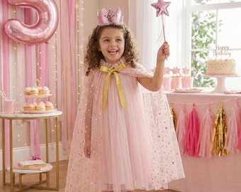 Girls Cloak Sparkly Tulle Fairy Cape With Crown Headband and Star Wand