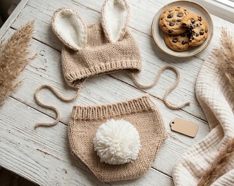 Accesorio de fotografía de conejito recién nacido, traje de Pascua para bebé tejido a mano, conejo con cola de pompón