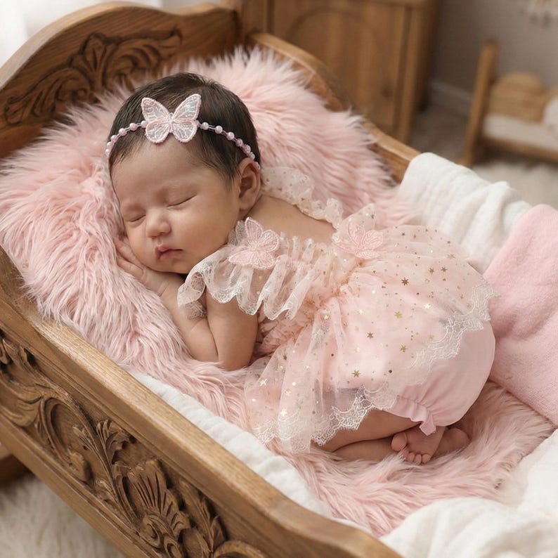 Puede incluir: Un beb&eacute; dormido con un vestido rosa con detalles de mariposas y una diadema a juego. El beb&eacute; est&aacute; acostado sobre una manta rosa esponjosa dentro de una cuna de madera con detalles tallados. El vestido tiene estrellas doradas.