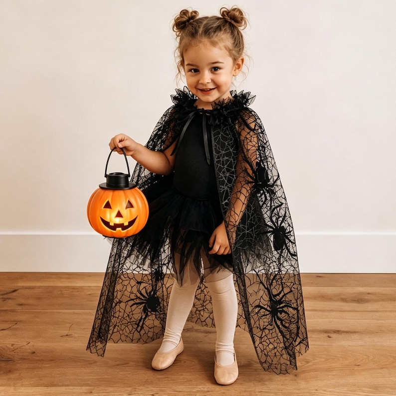 K&ouml;nnte beinhalten: Ein schwarzer T&uuml;llumhang mit Spinnennetz- und Spinnenmuster, getragen &uuml;ber einem schwarzen Trikot mit geschichtetem T&uuml;llrock. Das Outfit wird mit hellen Strumpfhosen und Ballerinas kombiniert, dazu ein leuchtend orangefarbener K&uuml;rbiseimer aus Kunststoff.