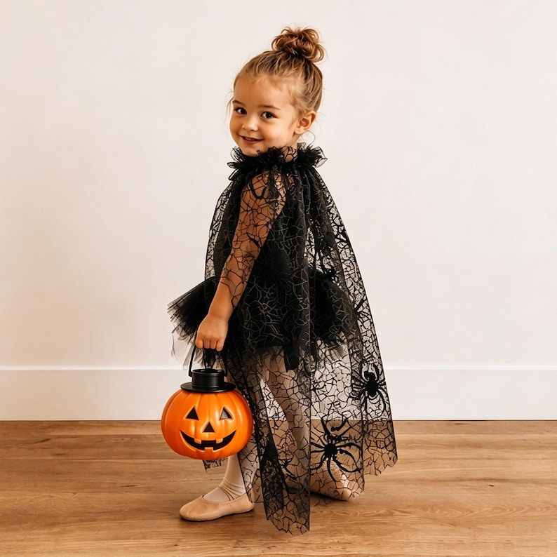 K&ouml;nnte beinhalten: Ein schwarzer, transparenter Umhang mit Spinnennetz- und Spinnenmuster, getragen &uuml;ber einem schwarzen Tutu-Kleid. Das Outfit wird durch einen leuchtend orangefarbenen K&uuml;rbiseimer aus Kunststoff mit einem geschnitzten Jack-o'-Lantern-Gesicht erg&auml;nzt.