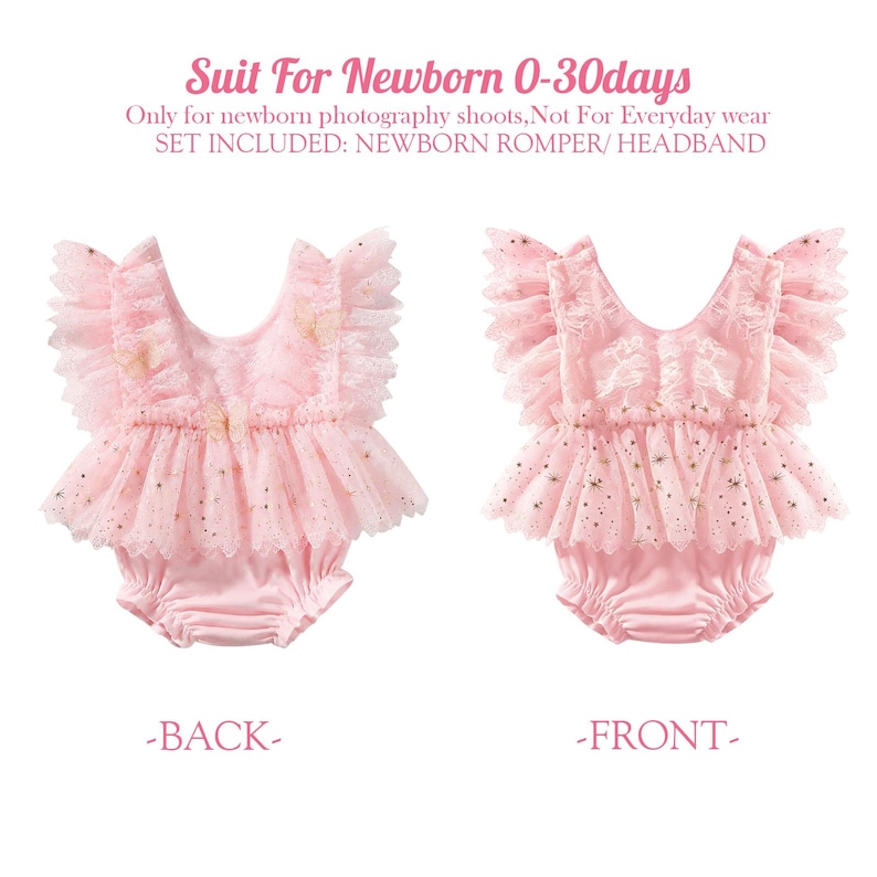 Puede incluir: Dos peleles rosas para reci&eacute;n nacidos con detalles de encaje y tul, uno etiquetado como "BACK" y el otro como "FRONT". El texto en la parte superior dice "Suit For Newborn 0-30days" y "SET INCLUDED: NEWBORN ROMPER/HEADBAND".