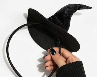 Black Velvet Mini Witch Hat Headband – Halloween Costume Accessory