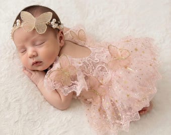 Newborn Girls Photography Prop Outfit Butterfly Tulle Lace Romper with Headband Newborn Dress