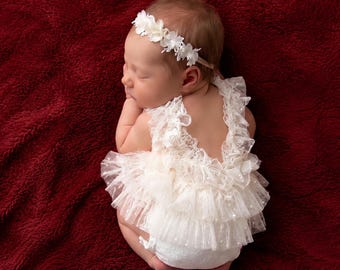 Adereços para fotos de recém-nascidos, roupa para ensaio fotográfico de recém-nascida: macacão tutu de renda com faixa de cabelo.