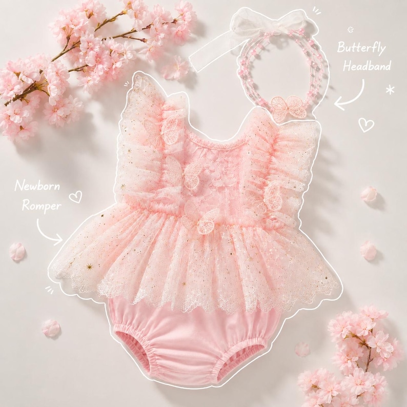 Puede incluir: Un body rosa para reci&eacute;n nacidos con una falda de tul en capas y detalles de mariposas. Tambi&eacute;n se incluye una diadema de mariposa a juego. El conjunto est&aacute; decorado con purpurina dorada y rodeado de flores rosas.