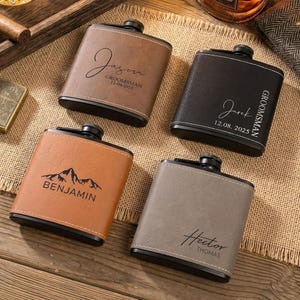 Fiaschetta in pelle personalizzata, regalo inciso per i testimoni dello sposo, strumento di idratazione in acciaio inossidabile da 177 ml (6 oz).