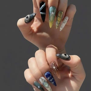 Cyber Sigilism Press On Nails Goth Alien Core Luxury 3D Eye Snake Handmade False Nails Extra Long Stiletto Celestial Galaxy Glue On Nails