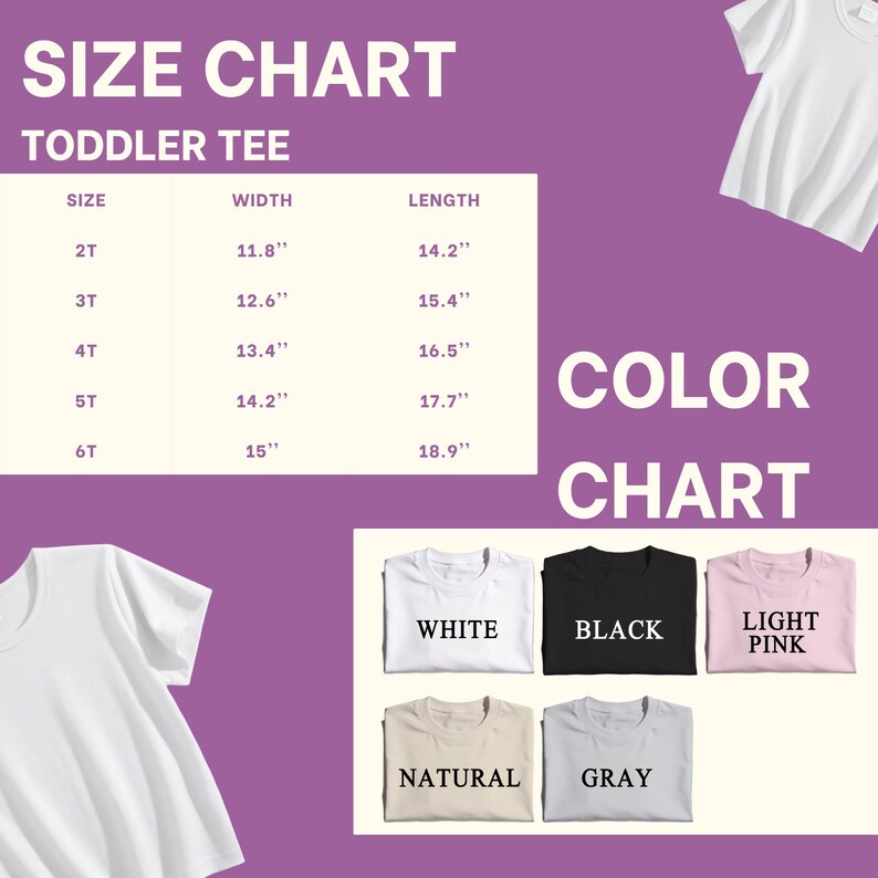 Puede incluir: Una tabla de tallas y colores para camisetas de ni&ntilde;o peque&ntilde;o sobre un fondo morado. La tabla de tallas enumera anchos y largos en pulgadas para las tallas 2T a 6T. La tabla de colores muestra cinco opciones de camisetas: blanco, negro, rosa claro, natural y gris.