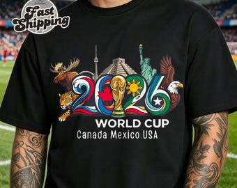 World Cup 2026 Commemorative T-Shirt,2026 Landmarks & FIFA Trophy Graphic Tee,Futbol Fan Support Shirt