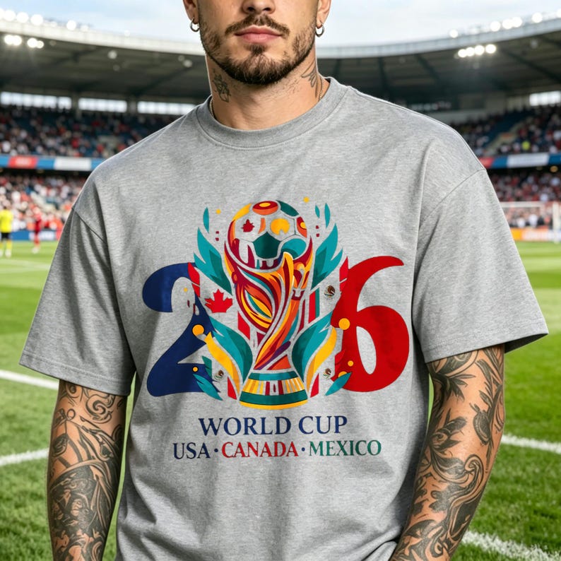 Puede incluir: Una camiseta gris jaspeado de manga corta con un gr&aacute;fico colorido de un trofeo y un bal&oacute;n de f&uacute;tbol centrado entre el n&uacute;mero 2 grande en azul y el 6 en rojo. Debajo del gr&aacute;fico, el texto dice WORLD CUP USA CANADA MEXICO.