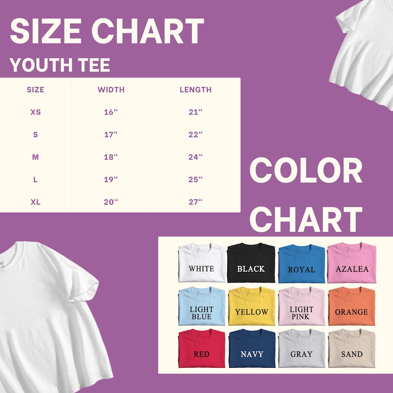 Puede incluir: Una tabla de tallas para camisetas juveniles con medidas de ancho y largo en pulgadas para las tallas XS a XL, junto con una carta de colores que muestra doce opciones de color, incluyendo blanco, negro, royal, azalea, azul claro, amarillo, rosa, naranja, rojo, marino, gris y arena.