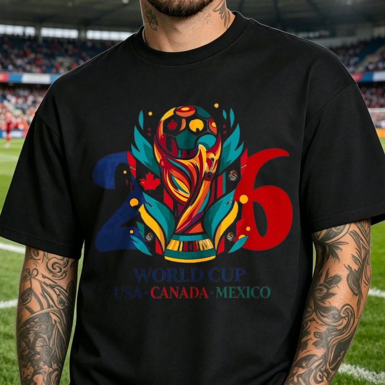 Puede incluir: Una camiseta negra con un gr&aacute;fico colorido de un trofeo de f&uacute;tbol centrado entre el n&uacute;mero 2 grande en azul y el n&uacute;mero 6 en rojo. El dise&ntilde;o incluye hojas de arce, el texto WORLD CUP y los nombres USA, CANADA y MEXICO en fuente de colores.