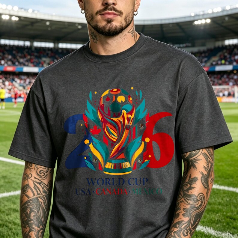 Puede incluir: Una camiseta gris carb&oacute;n de cuello redondo con un gr&aacute;fico del trofeo de la Copa Mundial 2026 en el centro. El dise&ntilde;o incluye el n&uacute;mero 26 en azul y rojo, con el texto World Cup USA CANADA MEXICO impreso debajo del gr&aacute;fico del trofeo.