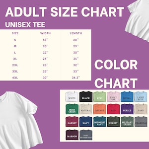 Puede incluir: Una tabla de tallas para camisetas unisex de adulto con medidas de ancho y largo en pulgadas para las tallas S a 4XL, junto a una carta de colores que muestra veintiuna muestras de tela etiquetadas con nombres como blanco, negro, kiwi y carb&oacute;n.