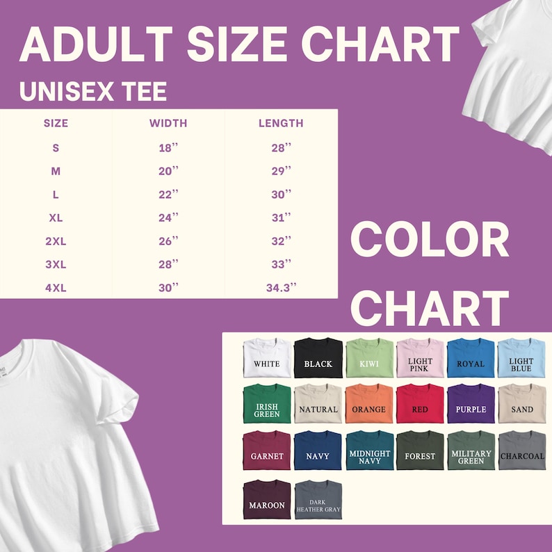 Puede incluir: Una tabla de tallas para camisetas unisex de adulto con medidas de ancho y largo en pulgadas para las tallas S a 4XL, junto a una carta de colores que muestra veintiuna muestras de tela etiquetadas con nombres como blanco, negro, kiwi y carb&oacute;n.