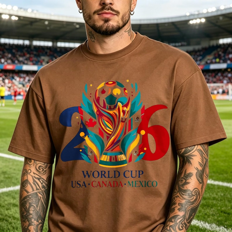 Puede incluir: Una camiseta marr&oacute;n de manga corta con un gr&aacute;fico del trofeo de la Copa del Mundo centrado entre los n&uacute;meros 2 y 6. El dise&ntilde;o incluye el texto WORLD CUP USA CANADA MEXICO en azul y rojo, con detalles en color turquesa y amarillo.