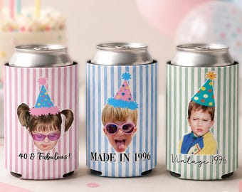 Custom Photo Birthday Can Cooler, Vintage Striped Drink Holder, Party Favor