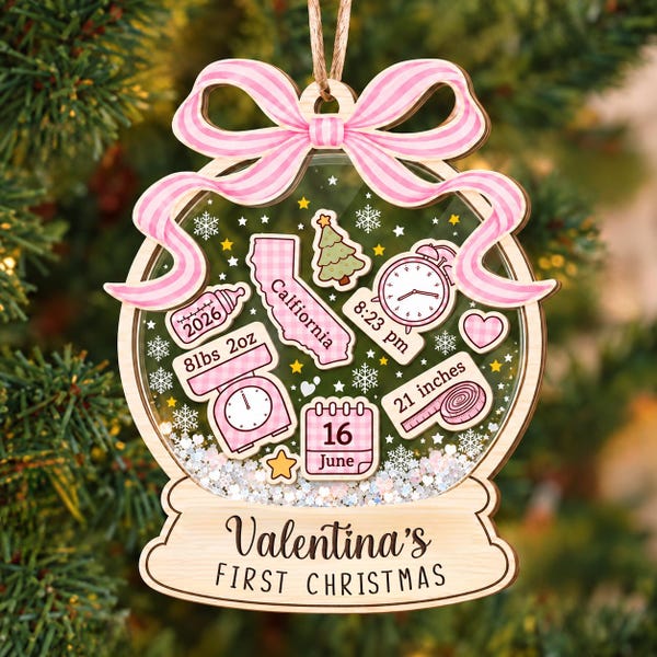 Baby's First Christmas Ornament 2026, Personalized Birth Stats Coquette Bow Ornament, 3D Shaker Acrylic, Custom Newborn Gift, Baby Keepsake