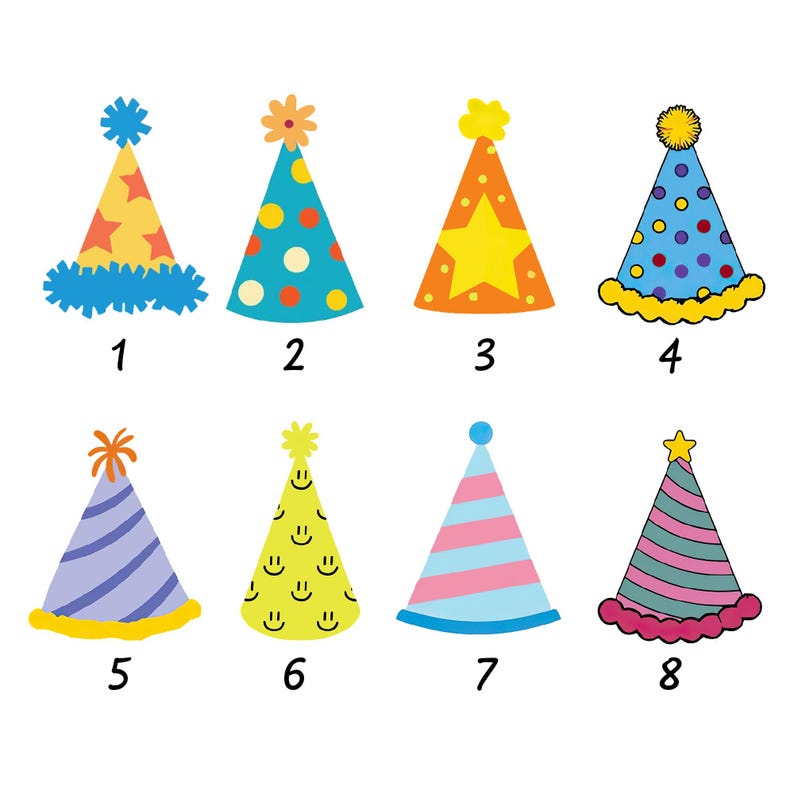 May include: Eight colorful party hats with various designs. The hats include stars, polka dots, stripes, and smiley faces. Each hat has a different color scheme, including yellow, orange, blue, and purple. The hats are numbered 1 through 8.