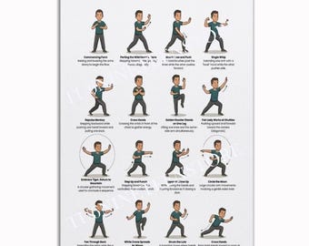 Tai Chi For Beginners Poster, Martial Arts Exercise Chart, Qi Gong Movements Wall Art