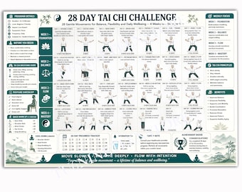 28 Day Tai Chi Poster, Martial Arts Wall Art, Qigong Exercise Guide