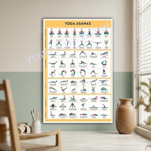 May include: A yoga asanas poster with a yellow border displays various yoga poses in a grid format. The poses are illustrated with stick figures in red and green, with pose names in black text. The poster is rectangular and mounted on a wall.