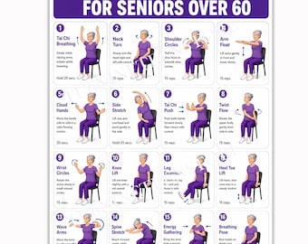 Chair Tai Chi Workout For Seniors Over 60 Poster, Seated Exercise Chart Wall Art