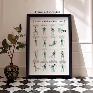 May include: A framed poster titled Resistance Band Exercises featuring sixteen illustrations of individuals performing various fitness movements with resistance bands. The text Frame not included is printed at the top of the white poster.