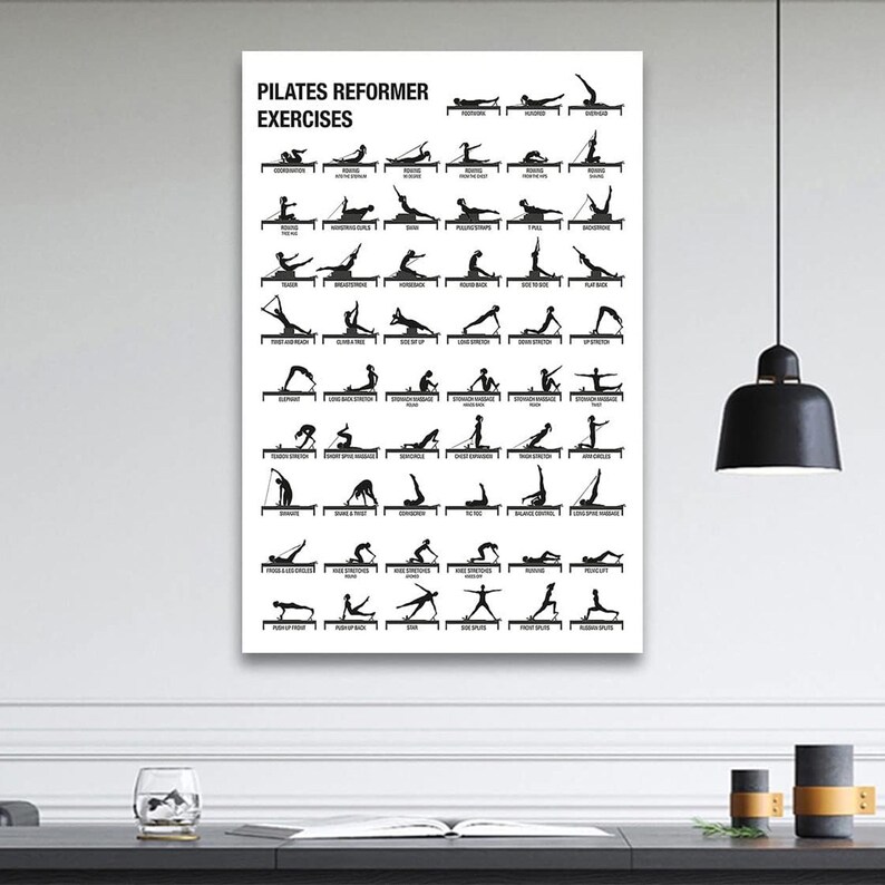 May include: A white poster with black text titled PILATES REFORMER EXERCISES, featuring a grid of black silhouette illustrations showing various exercise poses on a reformer machine, each labeled with its specific name in small black text.