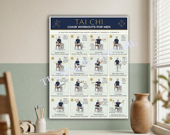 Chair Tai Chi for Men Poster, Seated Workout Chart Wall Art, Senior Men Fitness