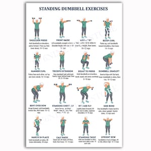 May include: A white poster with the title "STANDING DUMBBELL EXERCISES" displays illustrated instructions for various dumbbell exercises. Each exercise includes a description and rep range, such as "SHOULDER PRESS" and "10-12 reps."