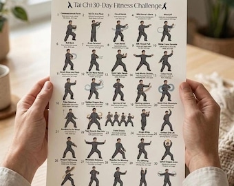 Tai Chi 30-Day Fitness Challenge Poster, Qigong Workout Chart, Practice Guide