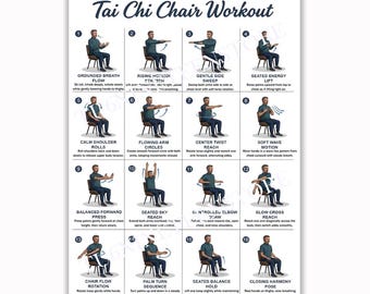 Tai Chi Chair Workout Poster, Seated Exercise Chart Wall Art, Senior Fitness Guide Print