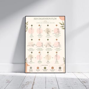 May include: A vertical poster titled Sun Salutation Flow featuring twelve numbered yoga poses in line art style. The design includes soft pink and beige circular accents, green leaf illustrations, and text labels for each pose, set against a cream background.