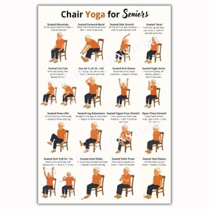 May include: A white instructional poster titled Chair Yoga for Seniors featuring sixteen illustrations of a person in an orange shirt and dark pants performing various seated yoga poses on a wooden chair with descriptive text for each exercise.