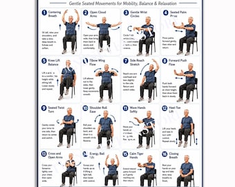Chair Tai Chi Exercises Poster for Senior Men, Seated Mobility Chart